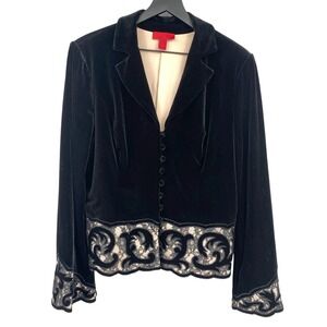 JS Collections Black Velvet Blazer Jacket Lace Trim Elegant Party Whimsygoth‎